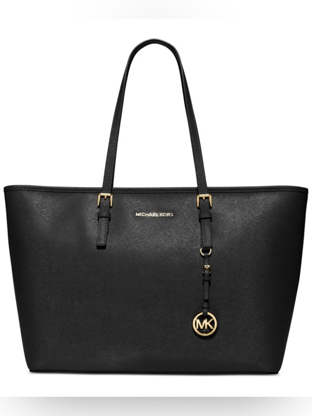 Michael Kors Black Saffiano Leather Jet Set Travel Tote with Gold Hardware